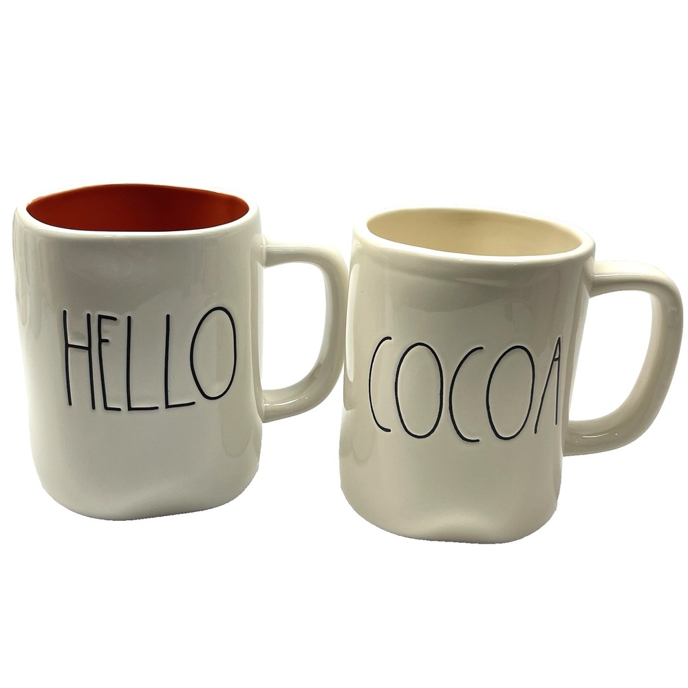 Rae Dunn By Magenta 20 oz Hello And Cocoa Farmhouse Coffee Mug Set